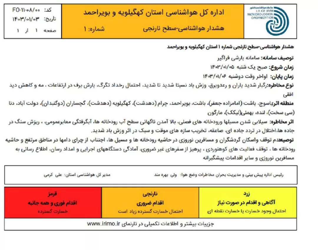 جزئیات هشدار نارنجی هواشناسی برای کهگیلویه‌وبویراحمدی‌ها